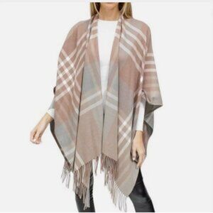 Jones New York Shawl Wrap Camel Oversized Plaid Ruana Fringe Womens One Size